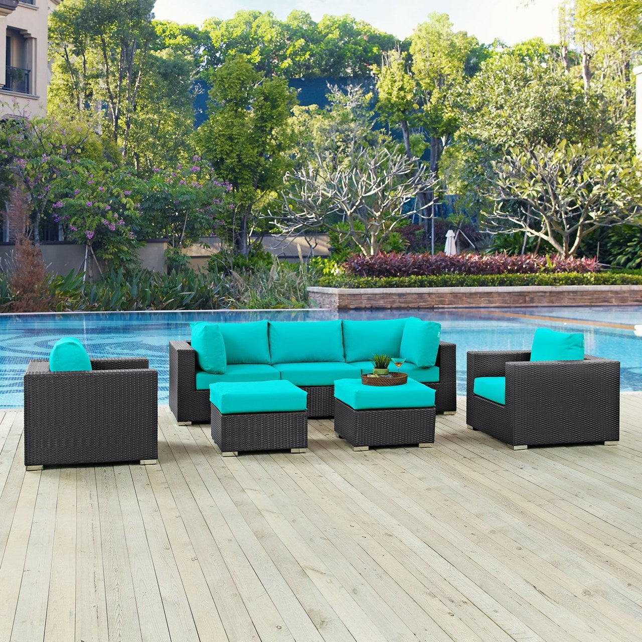 Convene Seven PCS Outdoor Patio Sectional Set, Blue, Rattan 10609
