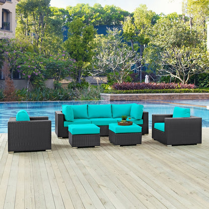 Convene Seven PCS Outdoor Patio Sectional Set, Blue, Rattan 10609