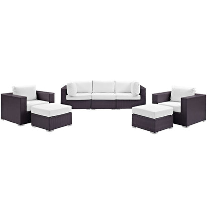 Convene Seven PCS Outdoor Patio Sectional Set, White, Rattan 10610