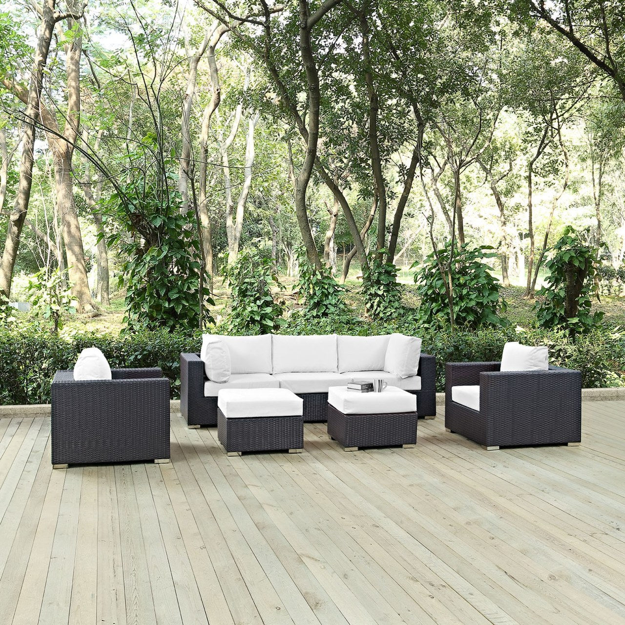 Convene Seven PCS Outdoor Patio Sectional Set, White, Rattan 10610