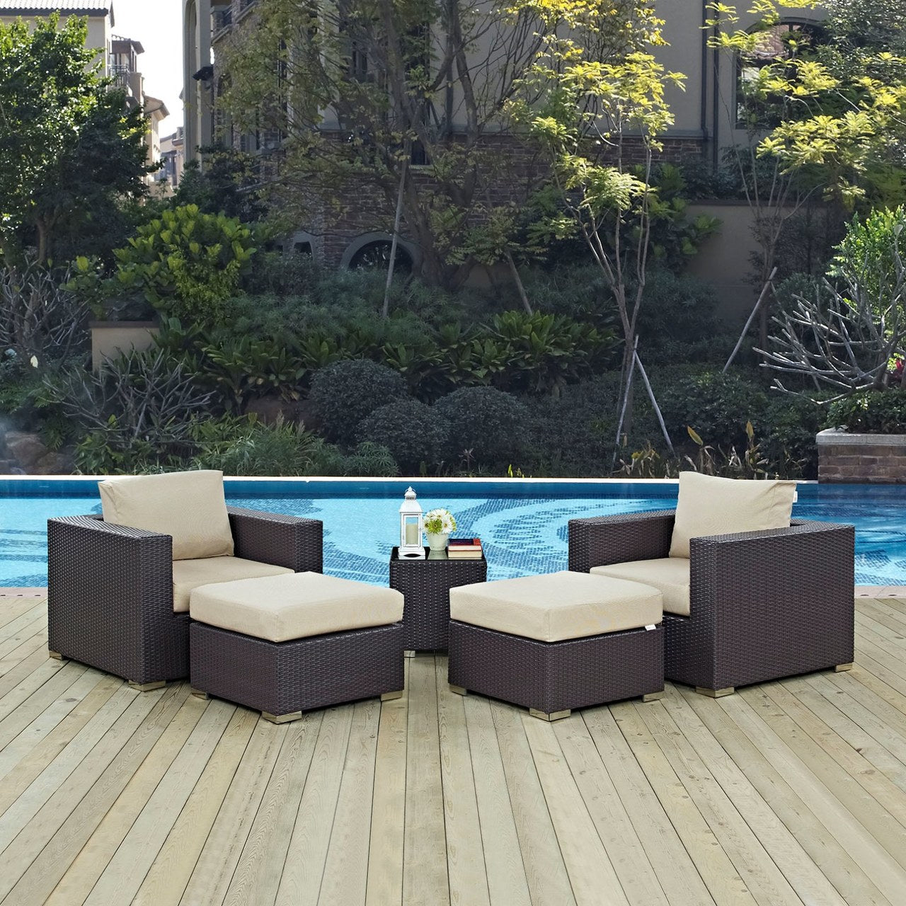 Convene Five PCS Outdoor Patio Sectional Set, Beige, Rattan 10611