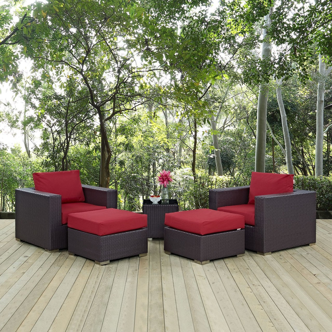 Convene Five PCS Outdoor Patio Sectional Set, Red, Rattan 10615