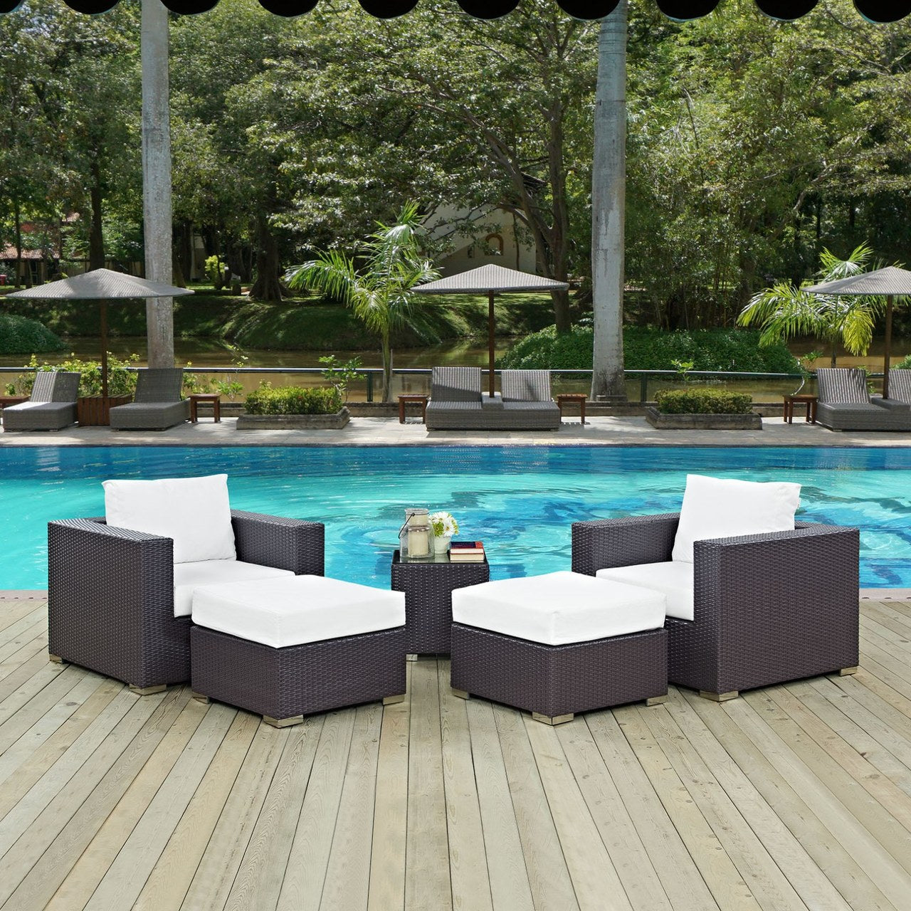 Convene Five PCS Outdoor Patio Sectional Set, White, Rattan 10617