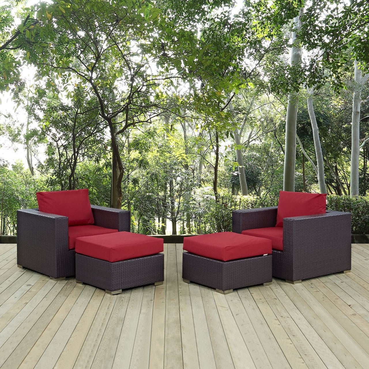 Convene Four PCS Outdoor Patio Sectional Set, Red, Rattan 10622