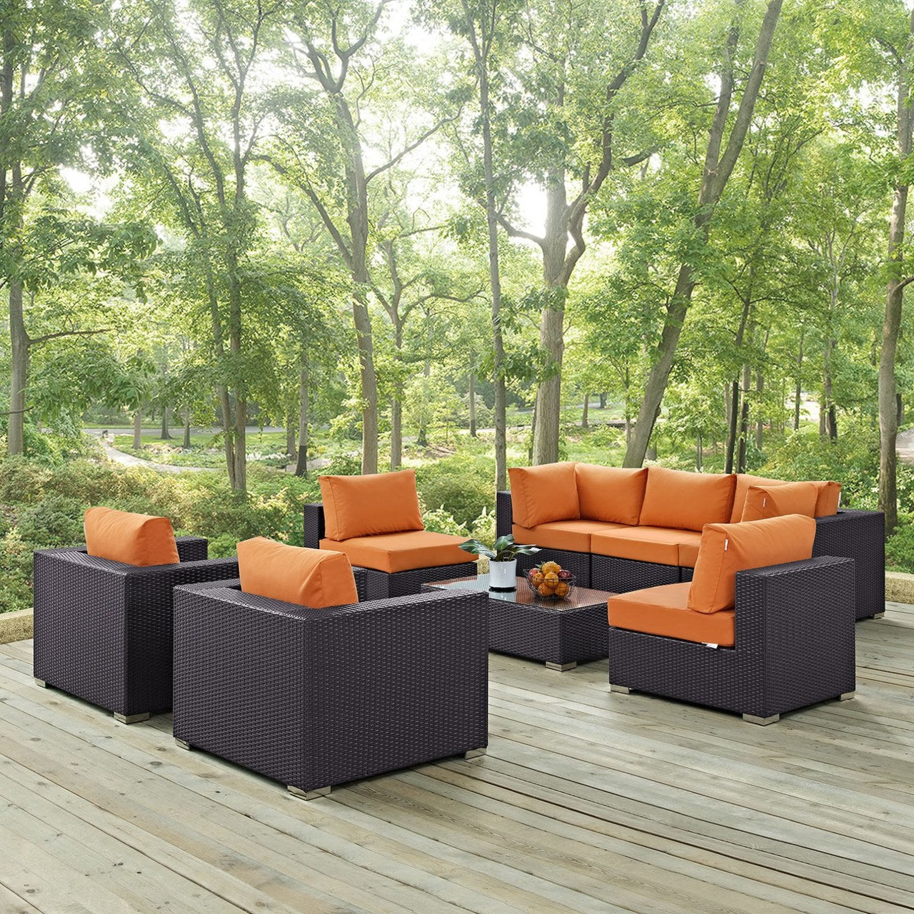 Convene Eight PCS Outdoor Patio Sectional Set, Orange, Rattan 10627