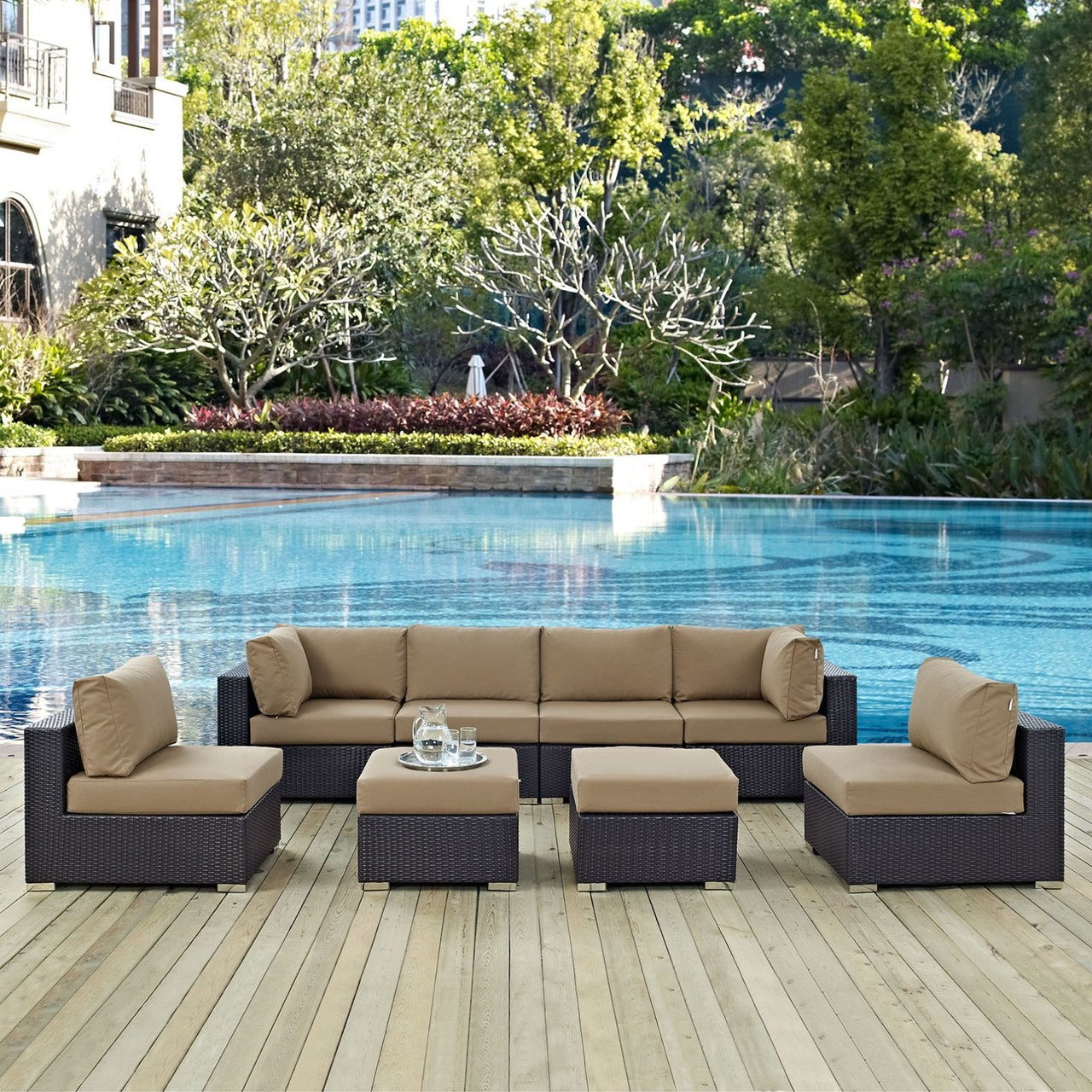 Convene Eight PCS Outdoor Patio Sectional Set, Brown, Rattan 10633