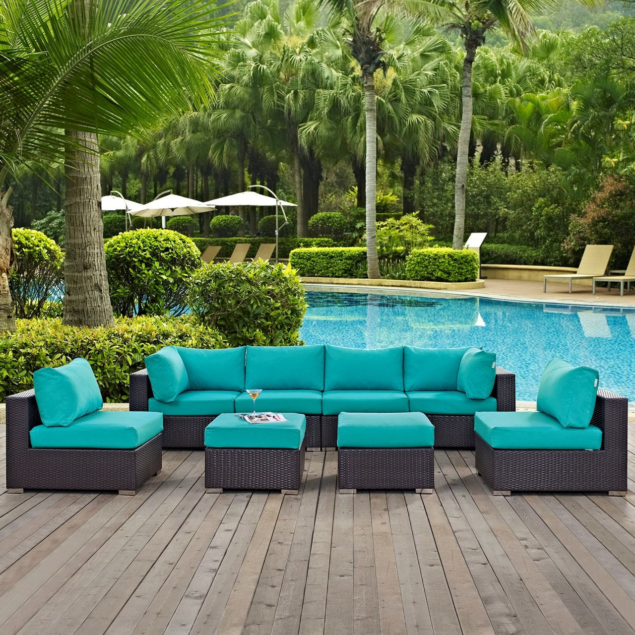 Convene Eight PCS Outdoor Patio Sectional Set, Blue, Rattan 10637