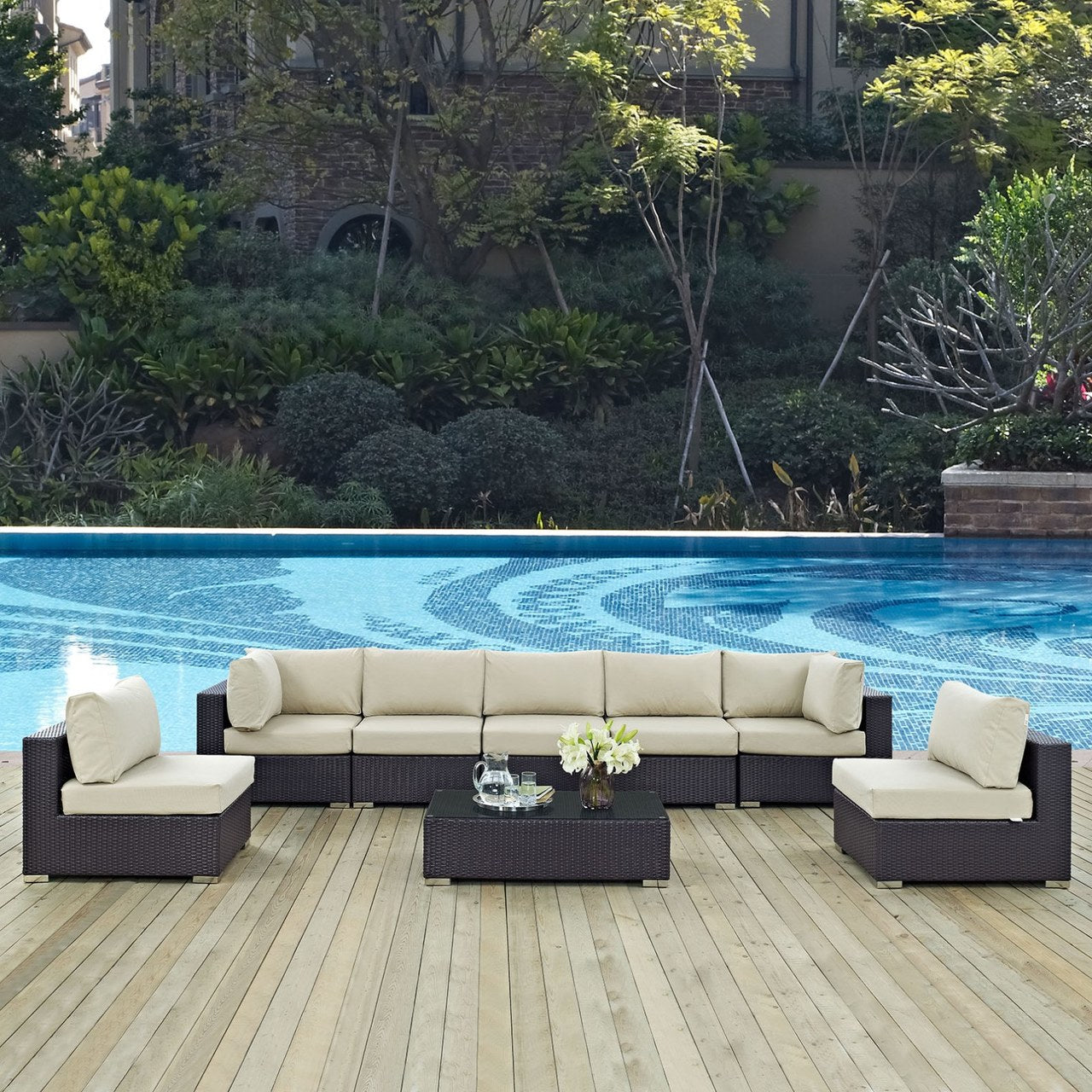 Convene Eight PCS Outdoor Patio Sectional Set, Beige, Rattan 10639