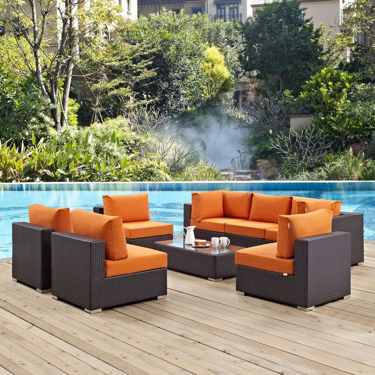 Convene Eight PCS Outdoor Patio Sectional Set, Orange, Rattan 10641