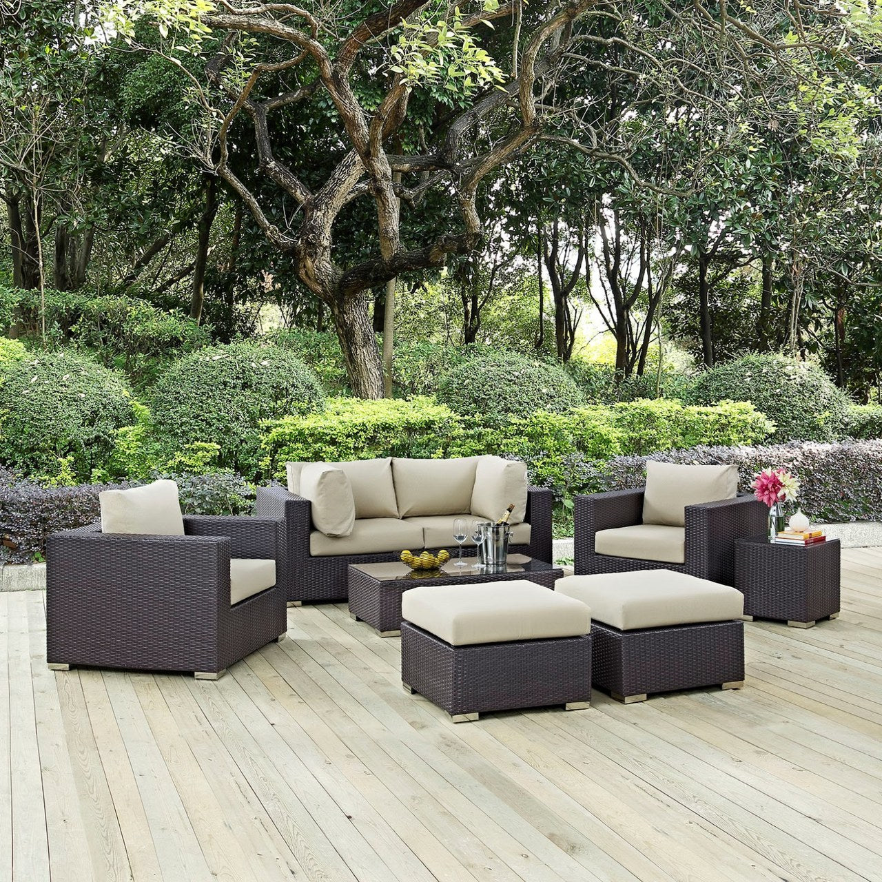 Convene Eight PCS Outdoor Patio Sectional Set, Beige, Rattan 10646