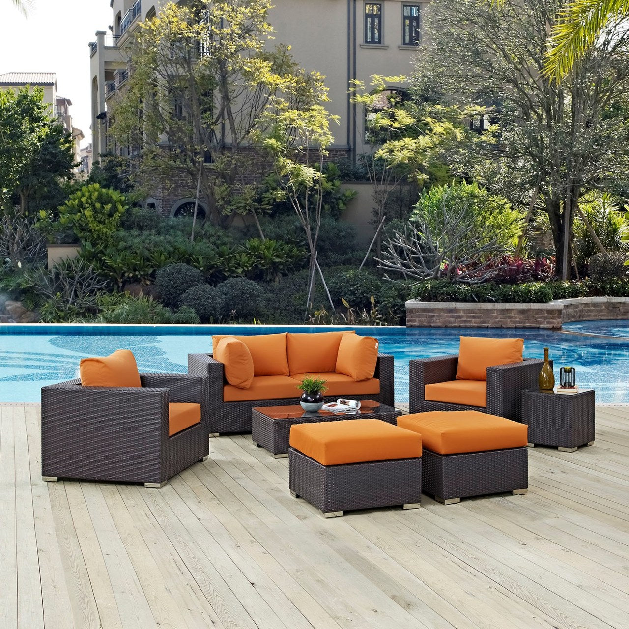 Convene Eight PCS Outdoor Patio Sectional Set, Orange, Rattan 10648
