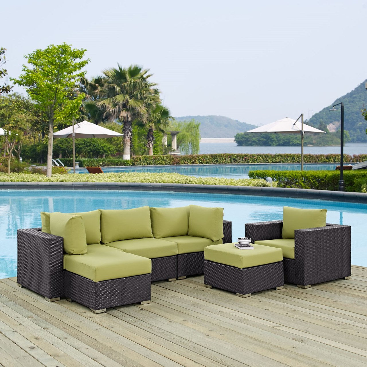 Convene Six PCS Outdoor Patio Sectional Set, Green, Rattan 10656