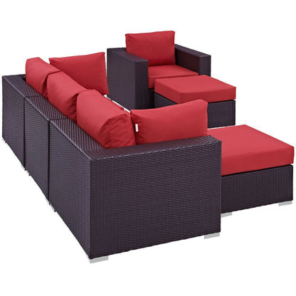 Convene Six PCS Outdoor Patio Sectional Set, Red, Rattan 10657