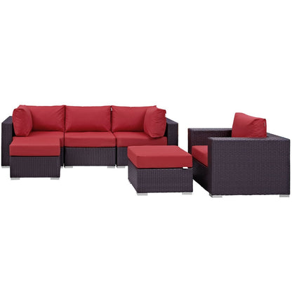 Convene Six PCS Outdoor Patio Sectional Set, Red, Rattan 10657