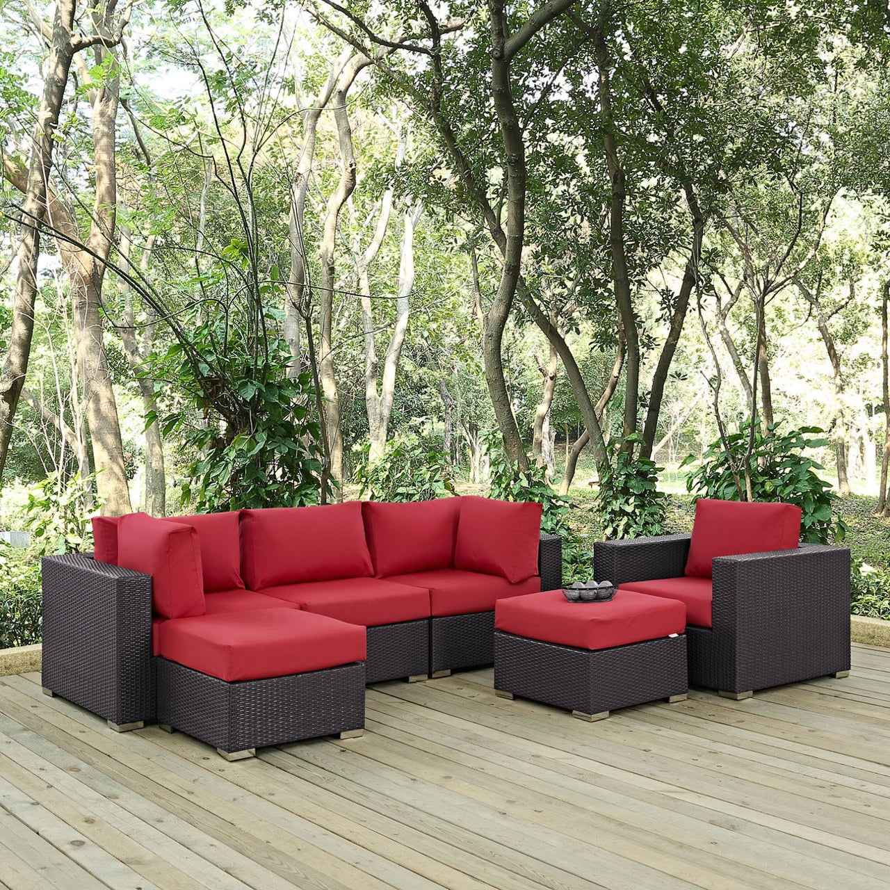 Convene Six PCS Outdoor Patio Sectional Set, Red, Rattan 10657
