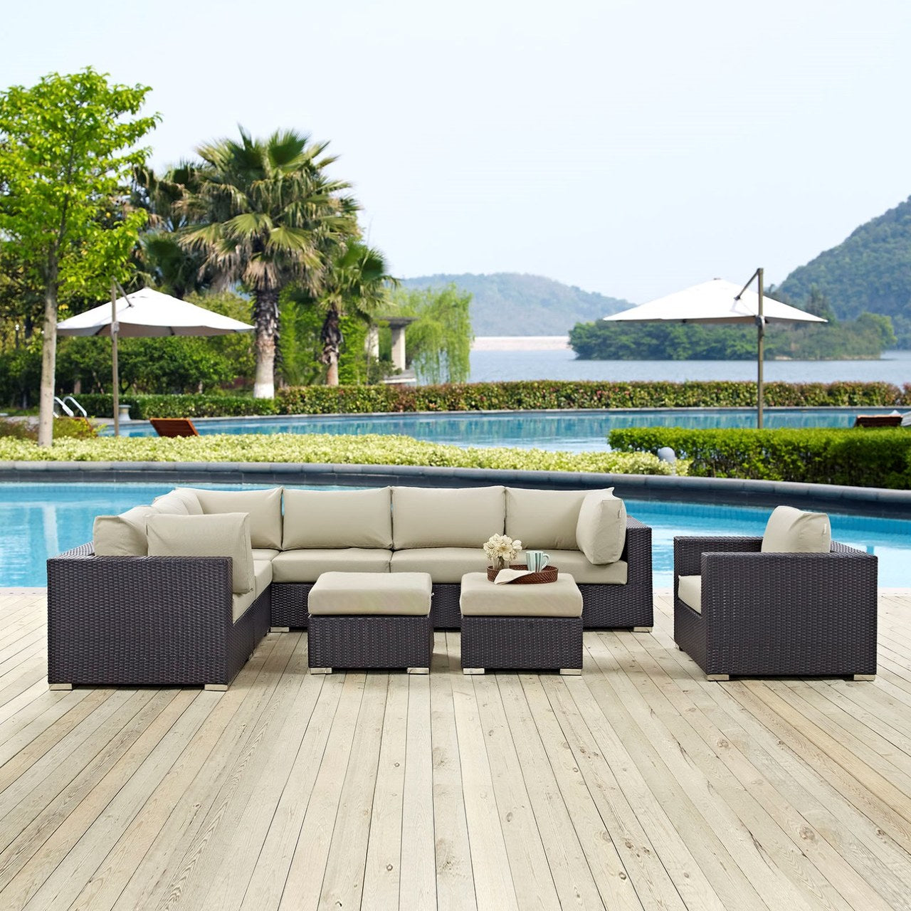 Convene Nine PCS Outdoor Patio Sectional Set, Beige, Rattan 10660