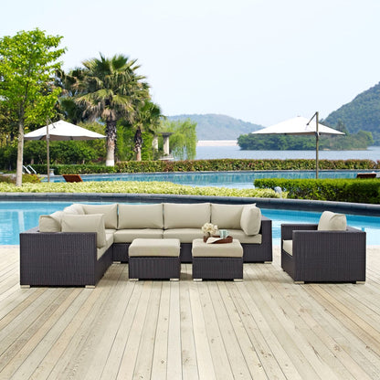 Convene Nine PCS Outdoor Patio Sectional Set, Beige, Rattan 10660