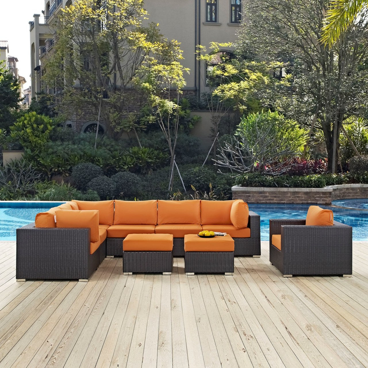 Convene Nine PCS Outdoor Patio Sectional Set, Orange, Rattan 10662