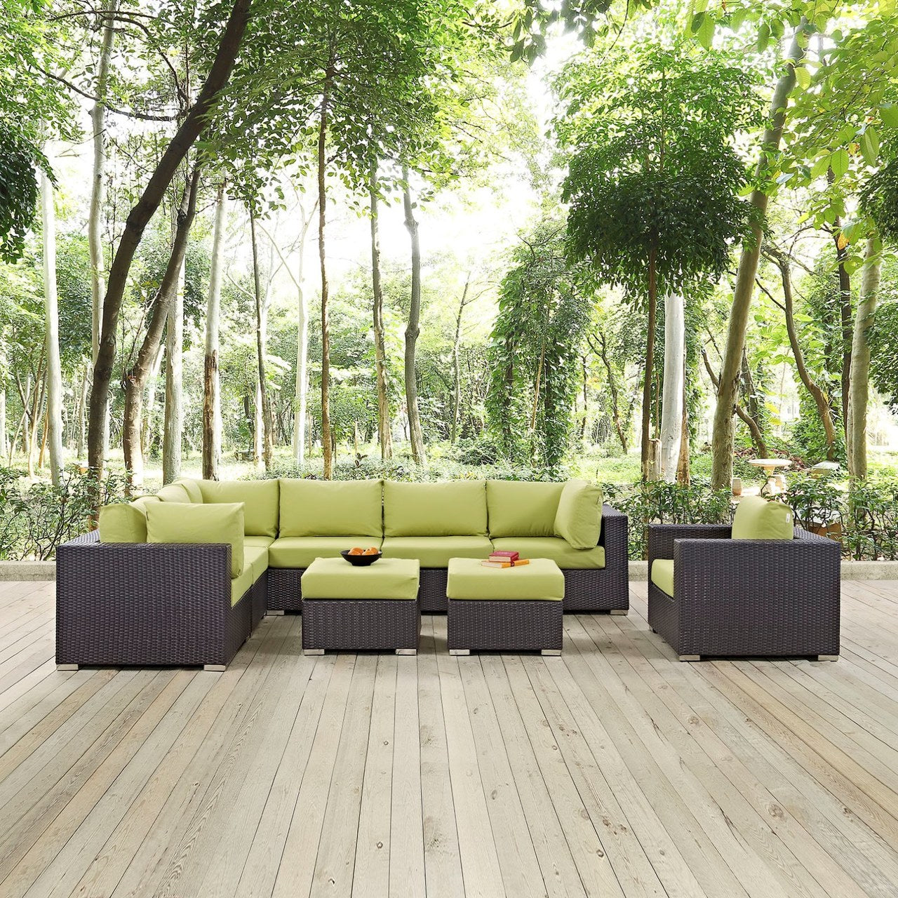 Convene Nine PCS Outdoor Patio Sectional Set, Green, Rattan 10663