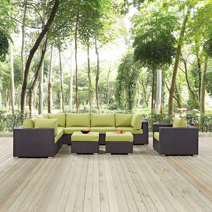 Convene Nine PCS Outdoor Patio Sectional Set, Green, Rattan 10663
