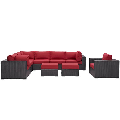Convene Nine PCS Outdoor Patio Sectional Set, Red, Rattan 10664