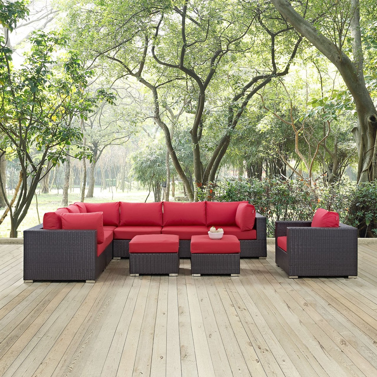 Convene Nine PCS Outdoor Patio Sectional Set, Red, Rattan 10664