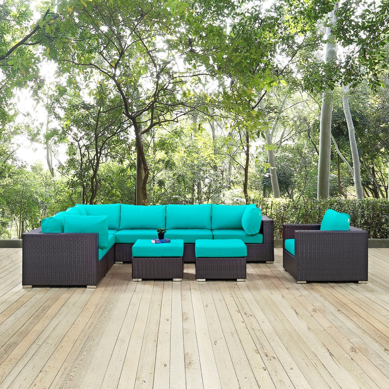 Convene Nine PCS Outdoor Patio Sectional Set, Blue, Rattan 10665