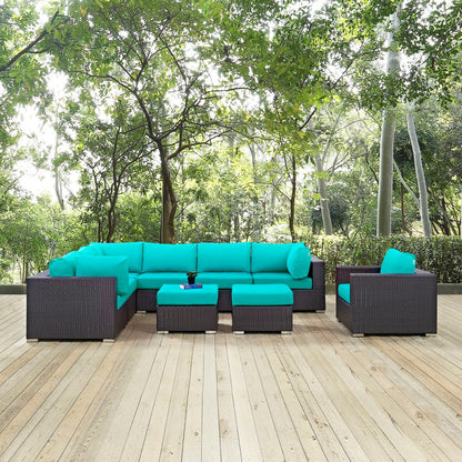 Convene Nine PCS Outdoor Patio Sectional Set, Blue, Rattan 10665