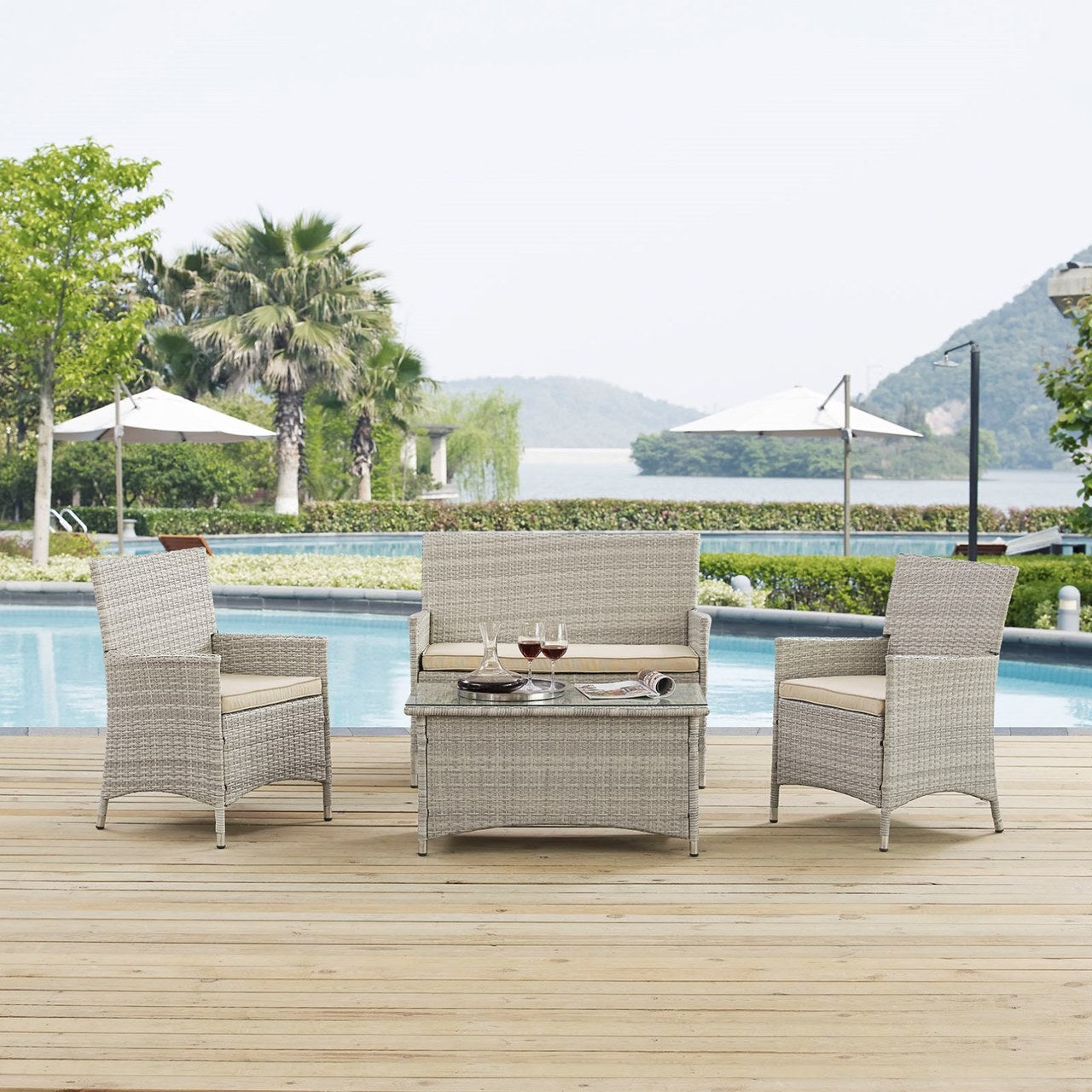 Bridge Four PCS Outdoor Patio Patio Conversation Set, Beige, Rattan 10669