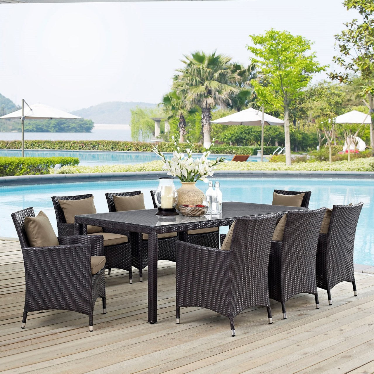 Convene Nine PCS Outdoor Patio Dining Set, Brown, Rattan 10685