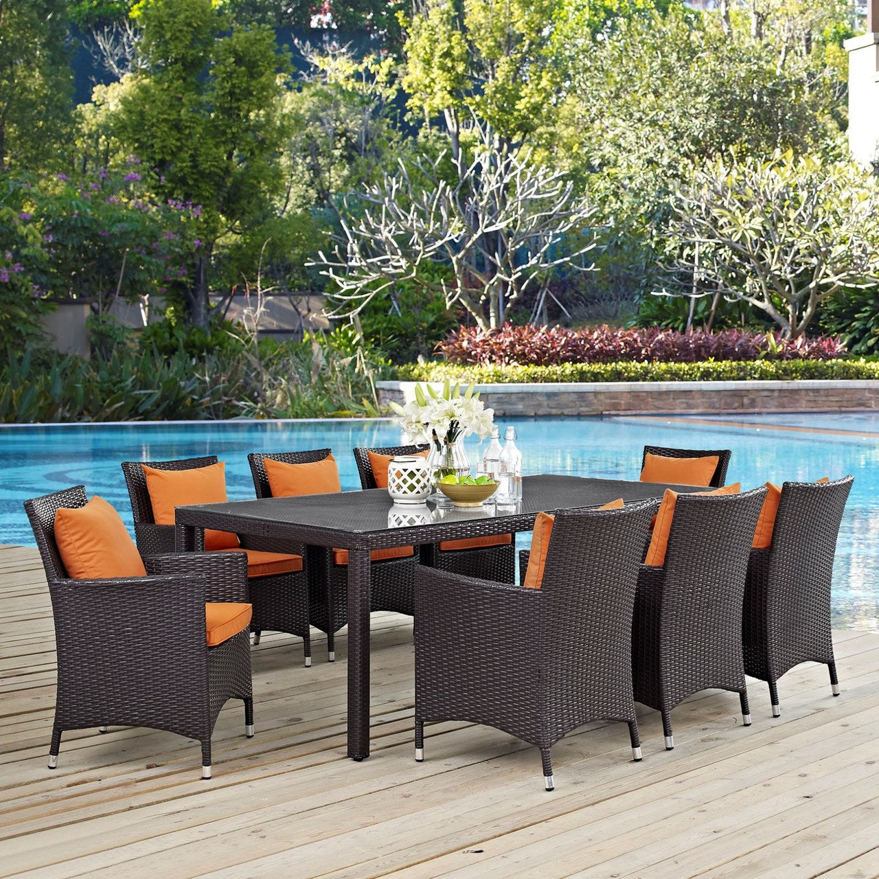 Convene Nine PCS Outdoor Patio Dining Set, Orange, Rattan 10686