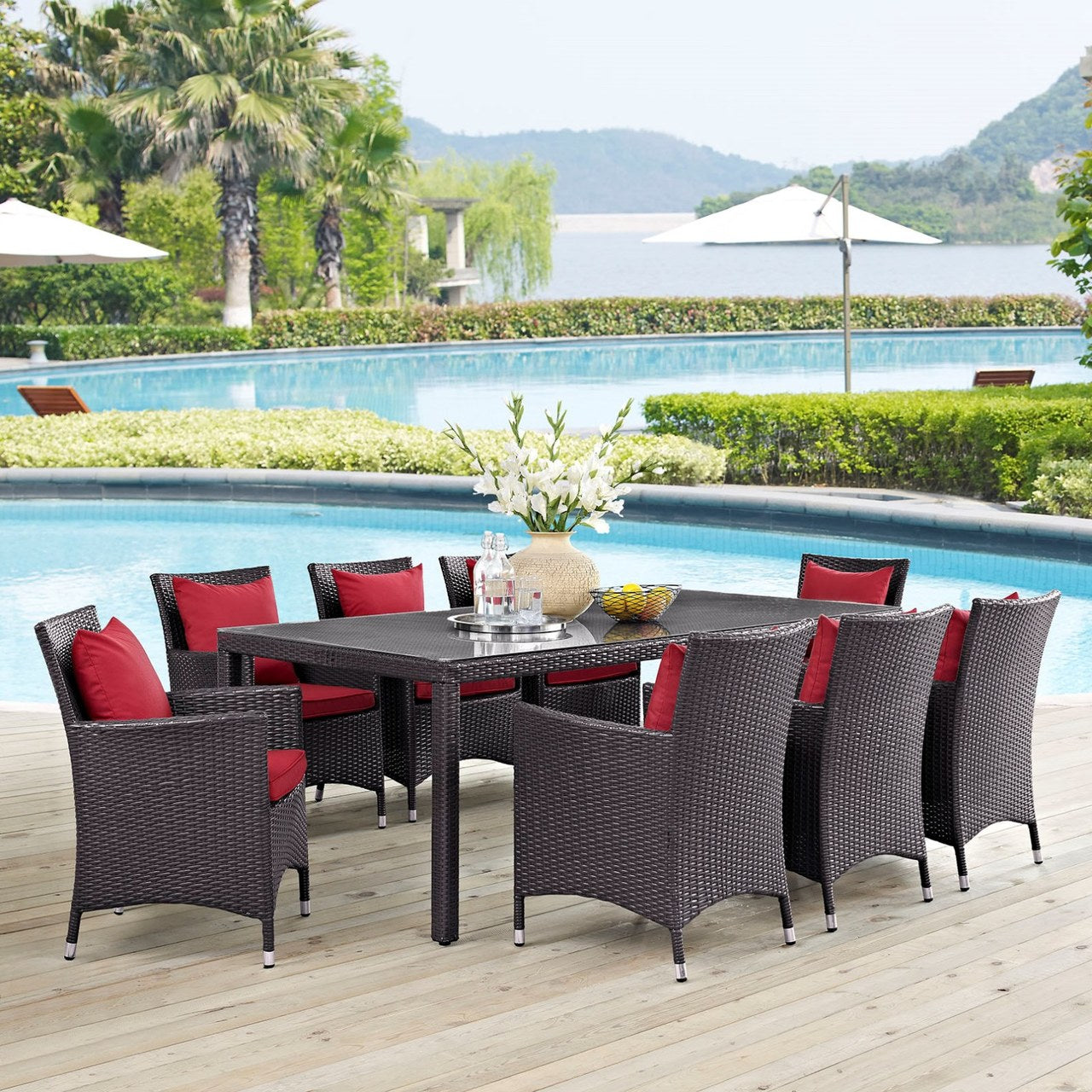 Convene Nine PCS Outdoor Patio Dining Set, Red, Rattan 10688