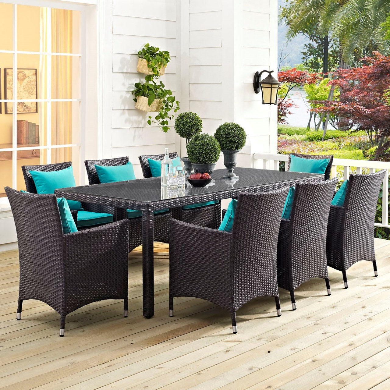 Convene Nine PCS Outdoor Patio Dining Set, Blue, Rattan 10689