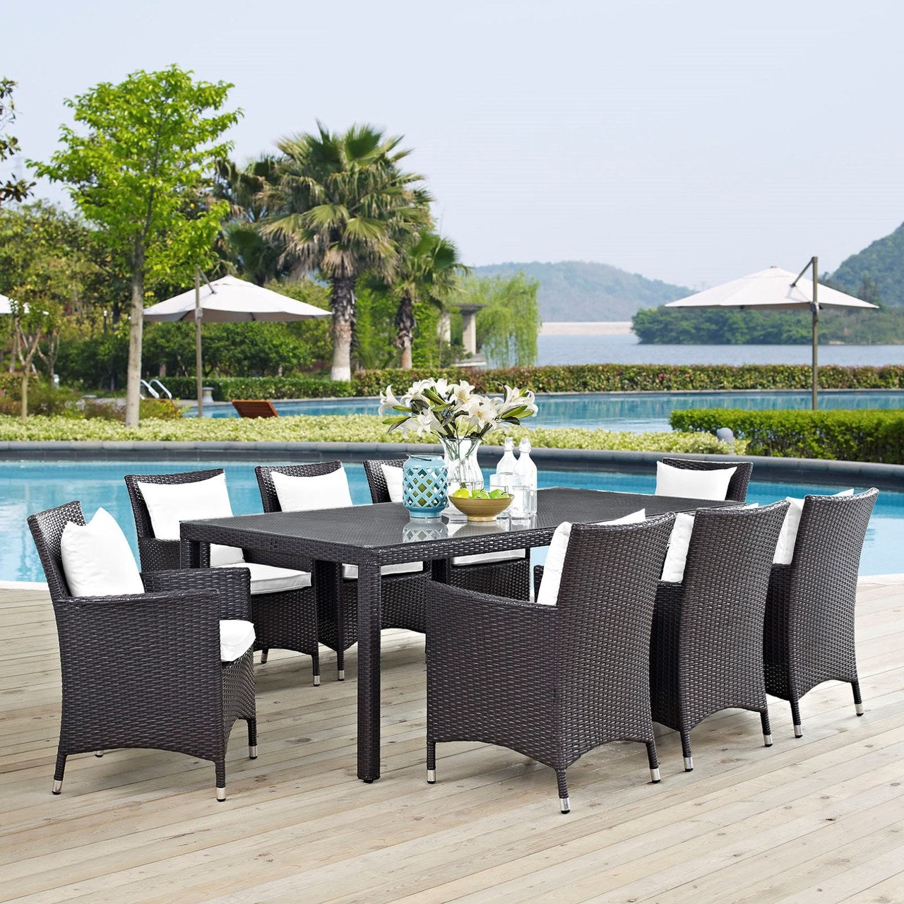 Convene Nine PCS Outdoor Patio Dining Set, White, Rattan 10690