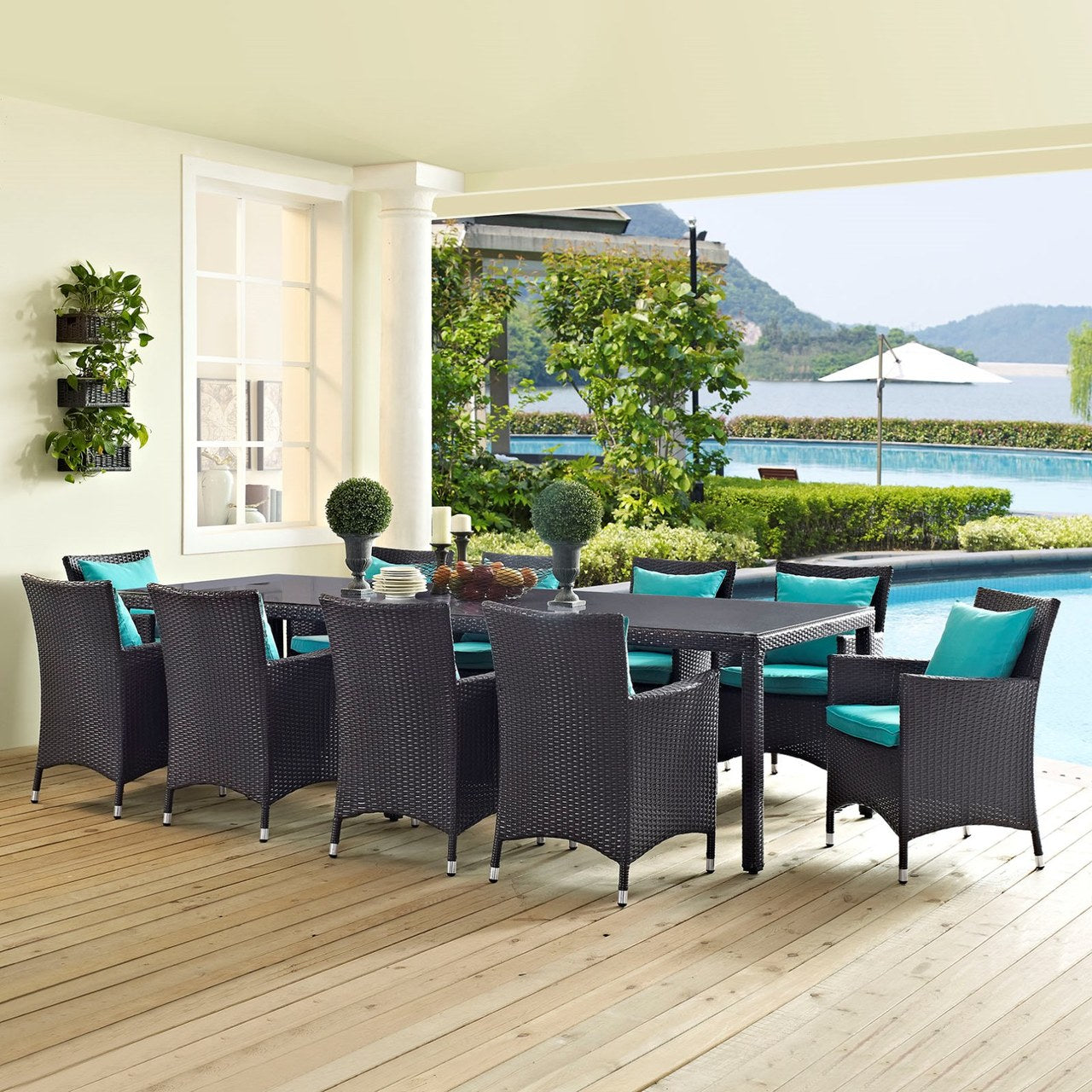 Convene Eleven PCS Outdoor Patio Dining Set, Blue, Rattan 10703