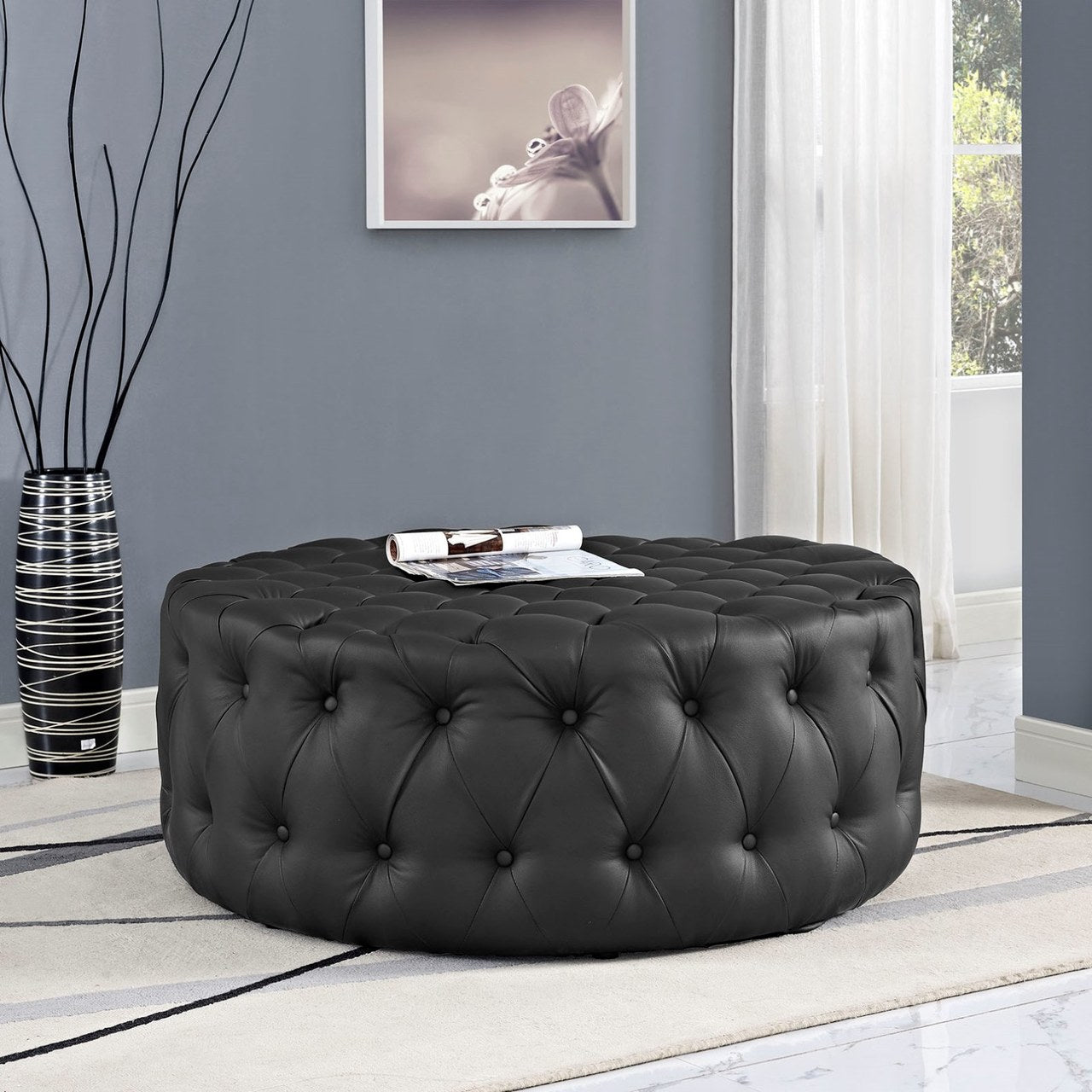 Amour Upholstered Vinyl Ottoman, Black, Faux Vinyl Leather 10731