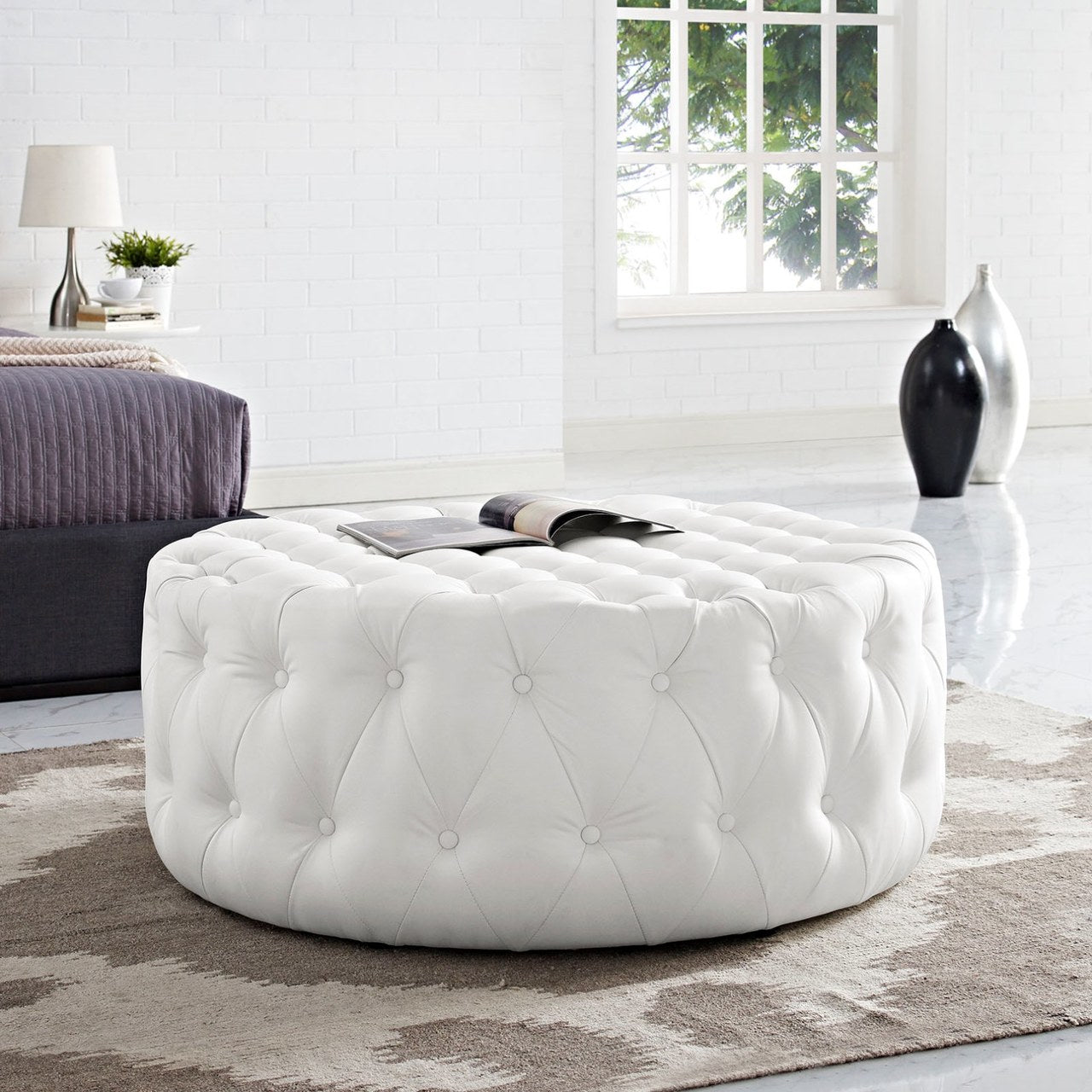 Amour Upholstered Vinyl Ottoman, White, Faux Vinyl Leather 10732
