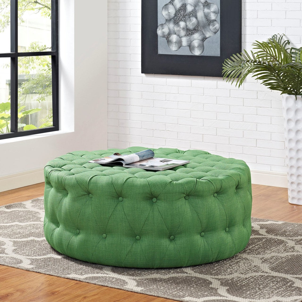 Amour Upholstered Fabric Ottoman, Green, Fabric 10738