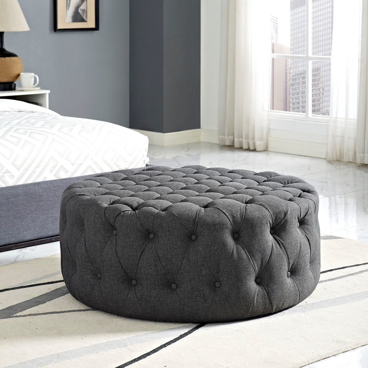 Amour Upholstered Fabric Ottoman, Grey, Fabric 10739