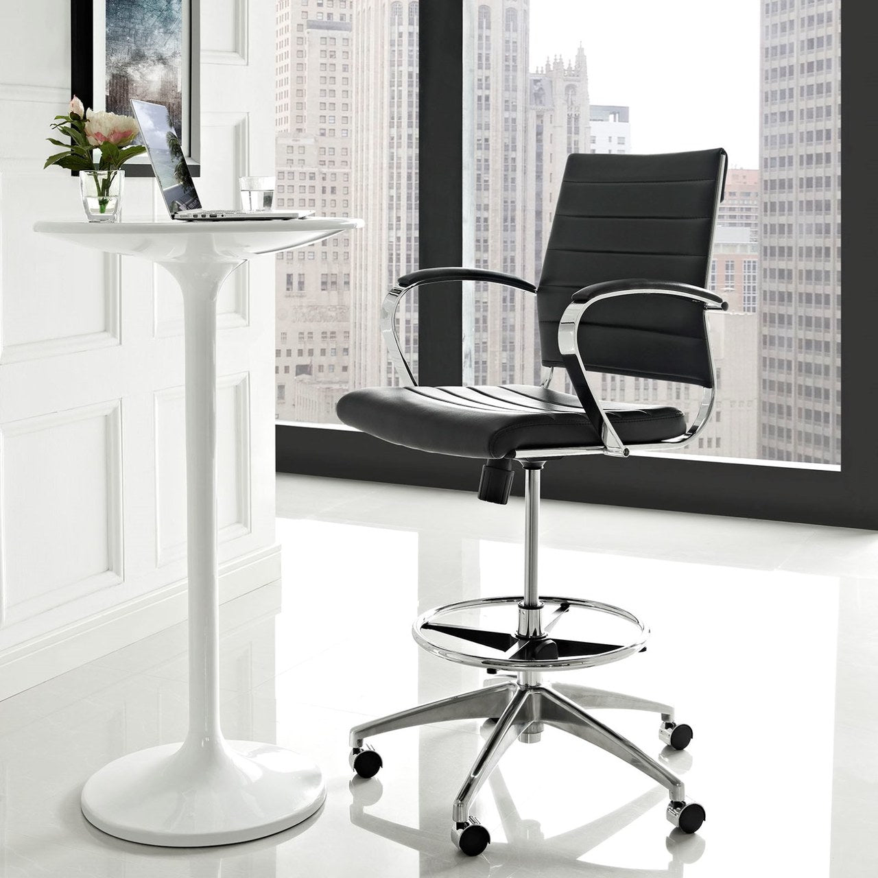 Jive Aluminum Drafting Chair, Black, Faux Leather 10804