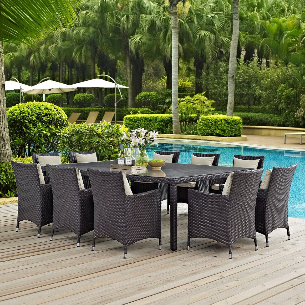 Convene Eleven PCS Outdoor Patio Dining Set, Beige, Rattan 10808