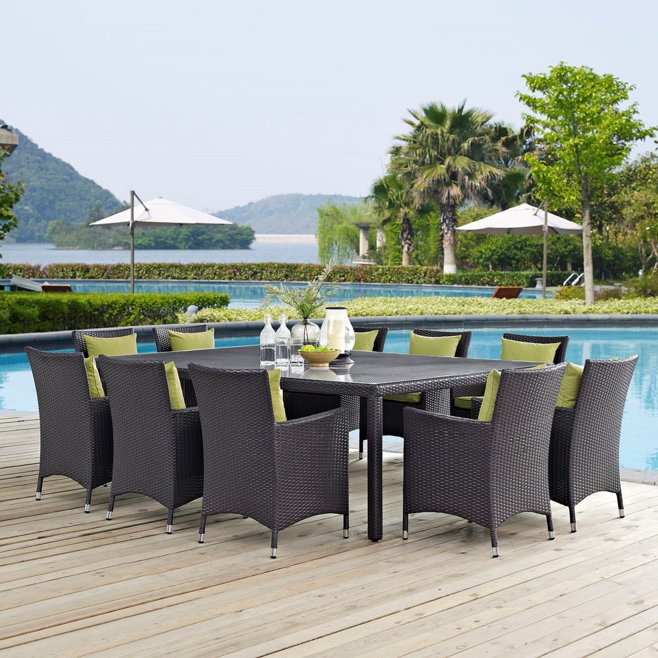 Convene Eleven PCS Outdoor Patio Dining Set, Green, Rattan 10811