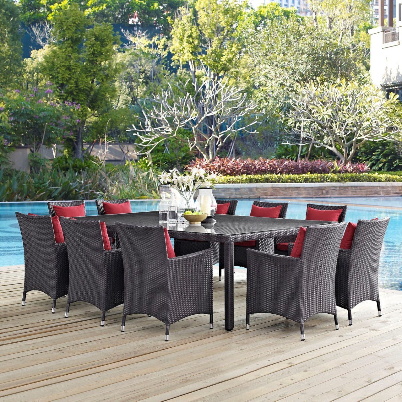 Convene Eleven PCS Outdoor Patio Dining Set, Red, Rattan 10812