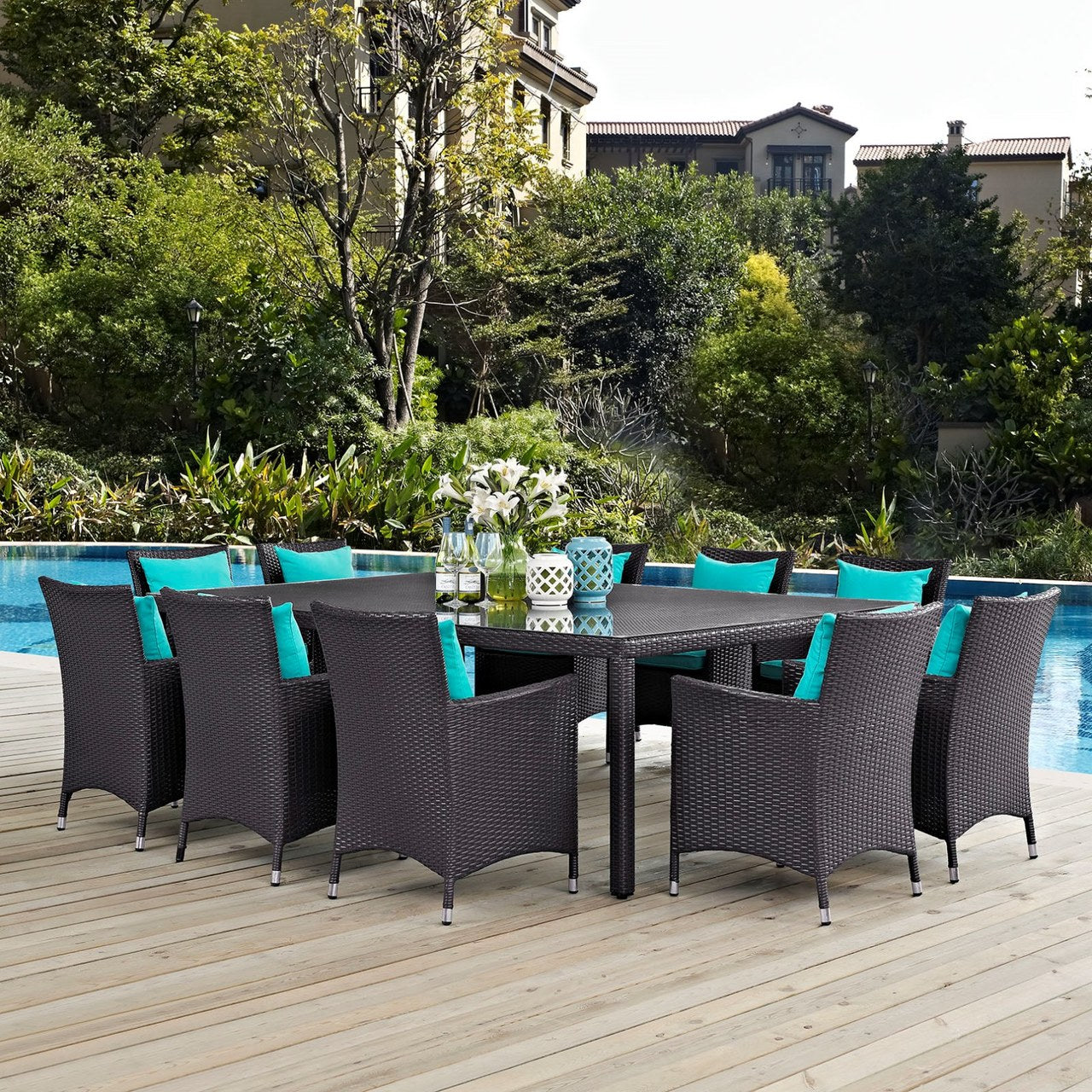 Convene Eleven PCS Outdoor Patio Dining Set, Blue, Rattan 10813