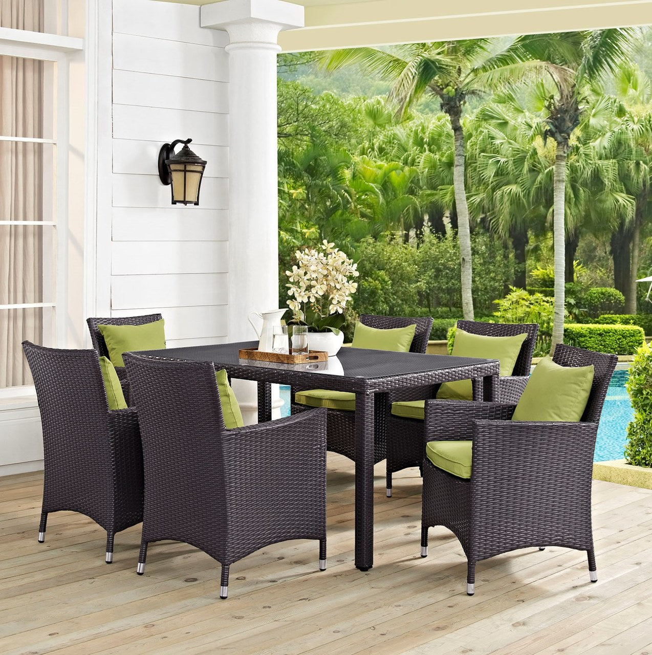 Convene Seven PCS Outdoor Patio Dining Set, Green, Rattan 10818