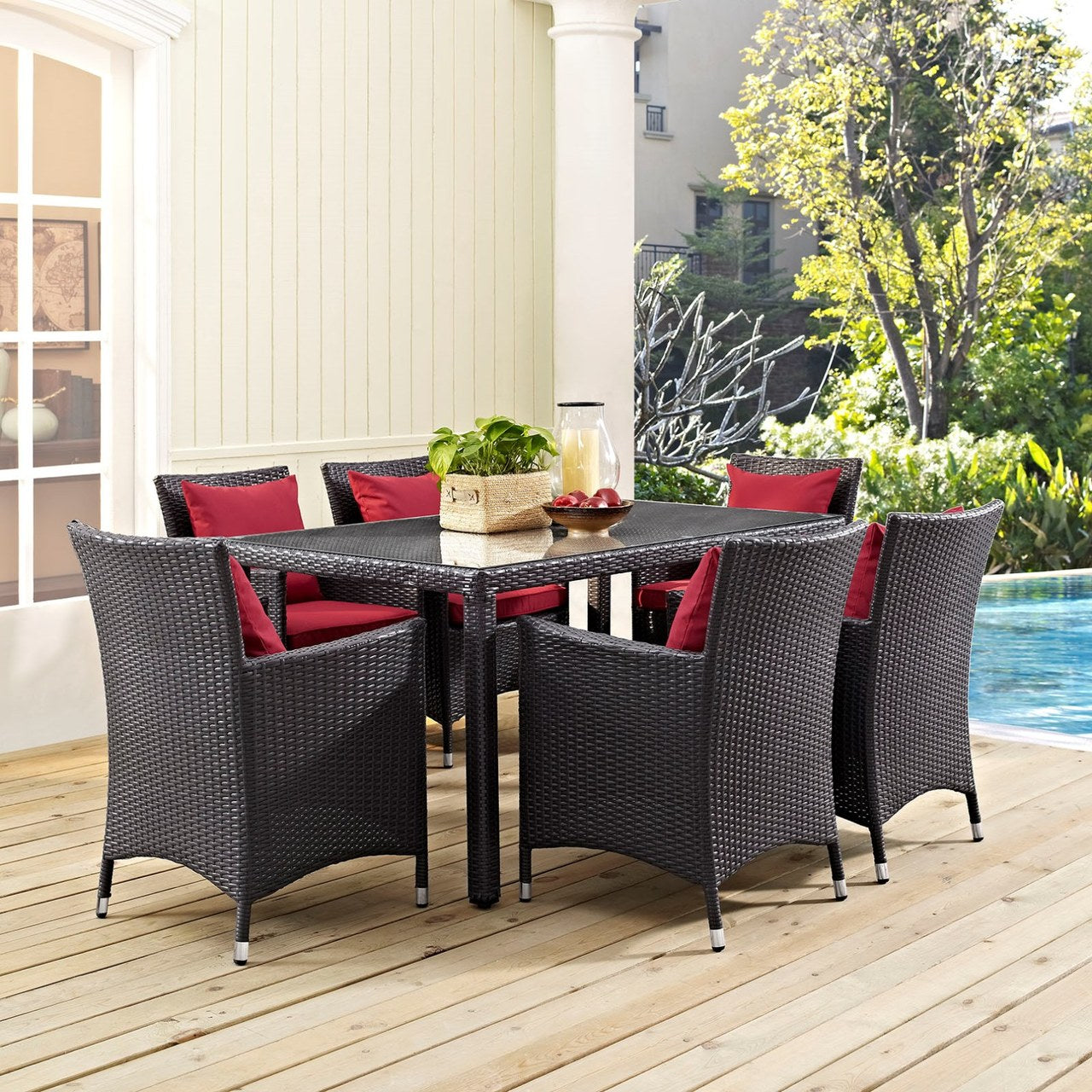 Convene Seven PCS Outdoor Patio Dining Set, Red, Rattan 10819