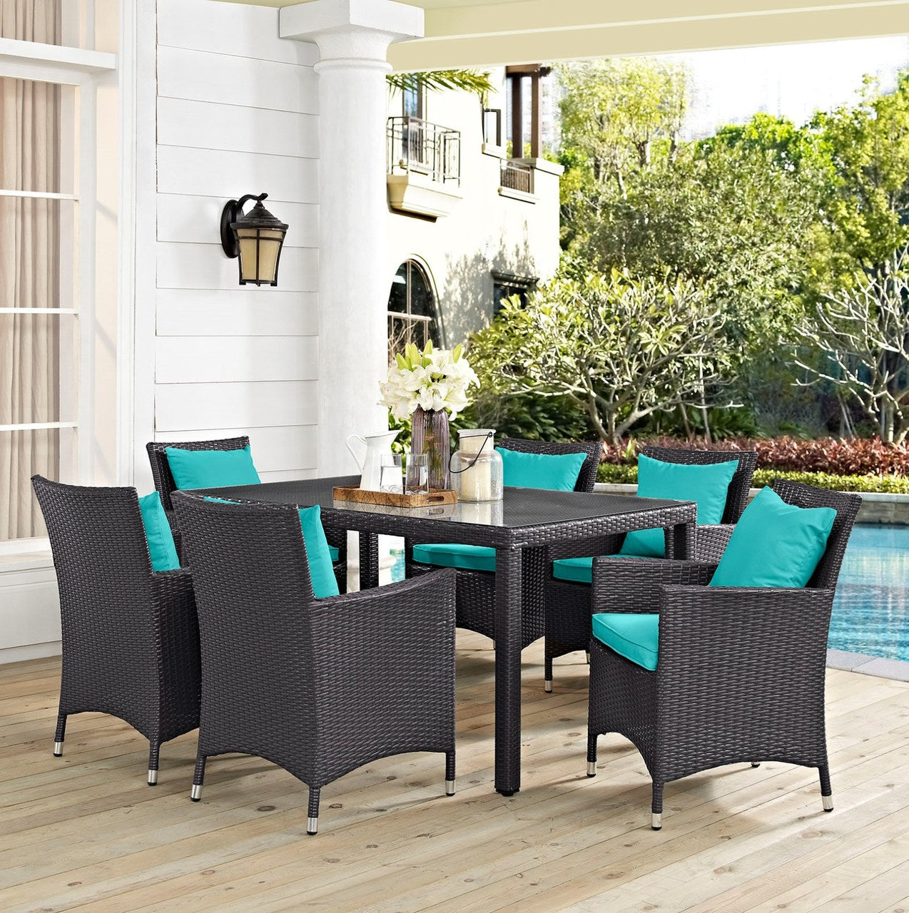 Convene Seven PCS Outdoor Patio Dining Set, Blue, Rattan 10820