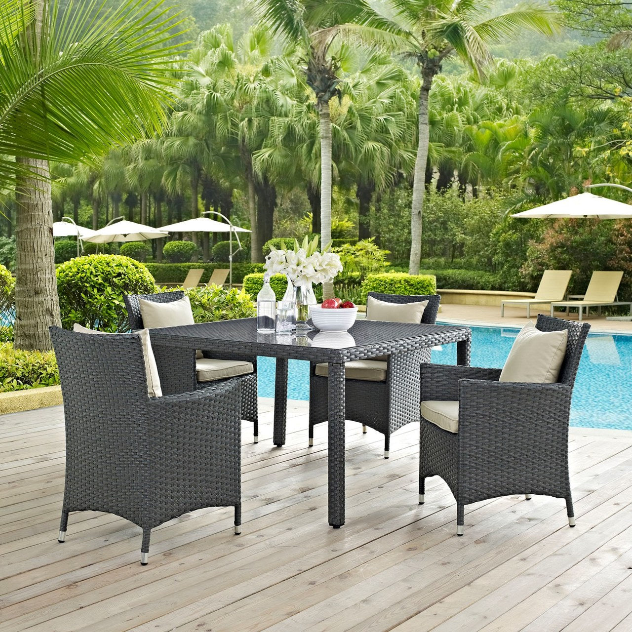 Sojourn Four PCS Outdoor Patio Sunbrella Dining Set, Beige, Rattan 10825