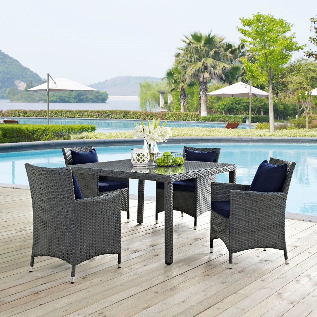 Sojourn Four PCS Outdoor Patio Sunbrella Dining Set, Navy, Rattan 10826