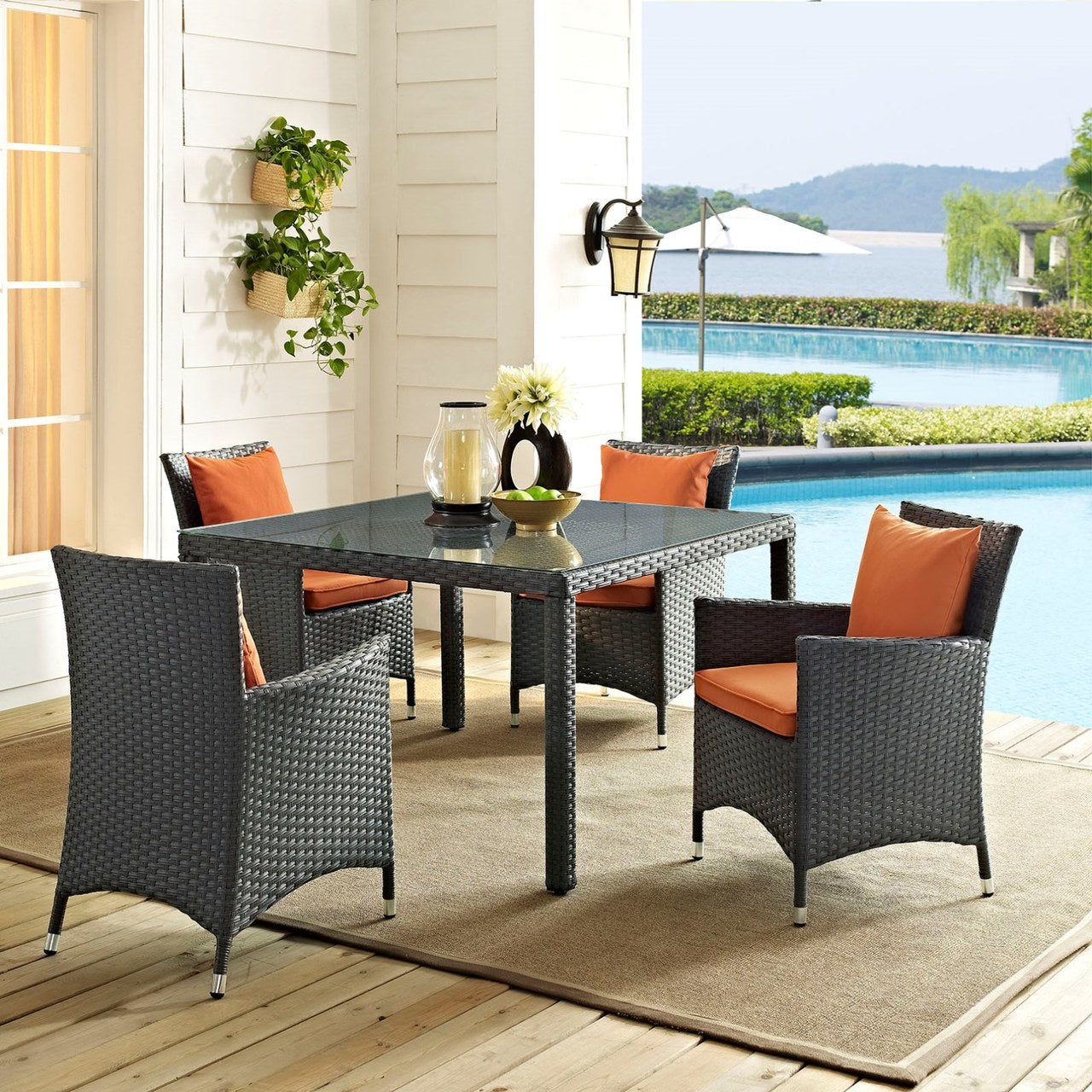 Sojourn Four PCS Outdoor Patio Sunbrella Dining Set, Orange, Rattan 10827